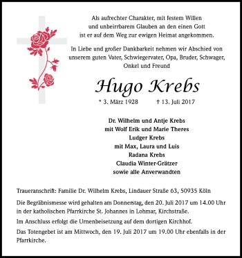 Anzeige von Hugo Krebs von Kölner Stadt-Anzeiger / Kölnische Rundschau / Express