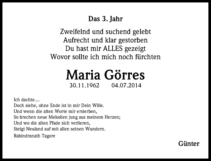  Traueranzeige für Maria Görres vom 08.07.2017 aus Kölner Stadt-Anzeiger / Kölnische Rundschau / Express