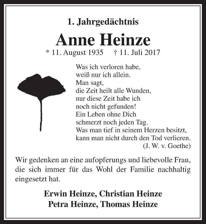  Traueranzeige für Anne Heinze vom 12.07.2017 aus  Werbepost 