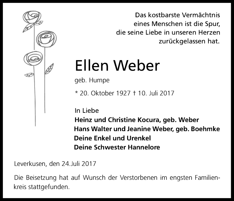  Traueranzeige für Ellen Weber vom 26.07.2017 aus Kölner Stadt-Anzeiger / Kölnische Rundschau / Express