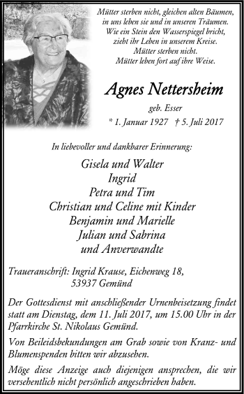 Anzeige von Agnes Nettesheim von Kölner Stadt-Anzeiger / Kölnische Rundschau / Express