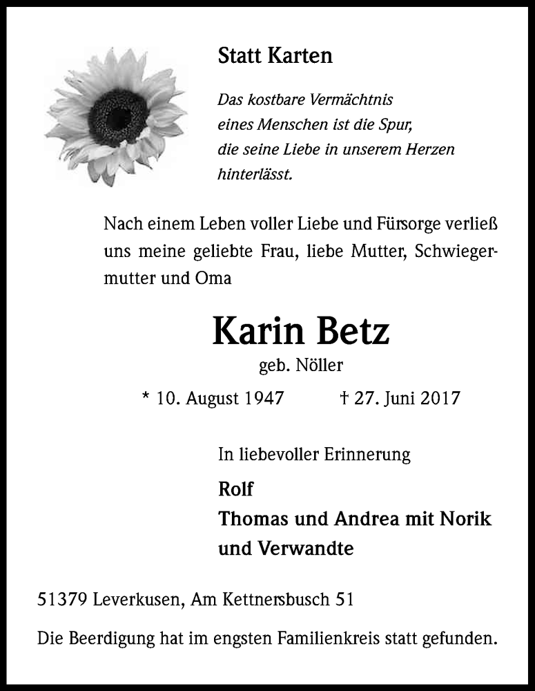 Traueranzeige für Karin Betz vom 08.07.2017 aus Kölner Stadt-Anzeiger / Kölnische Rundschau / Express
