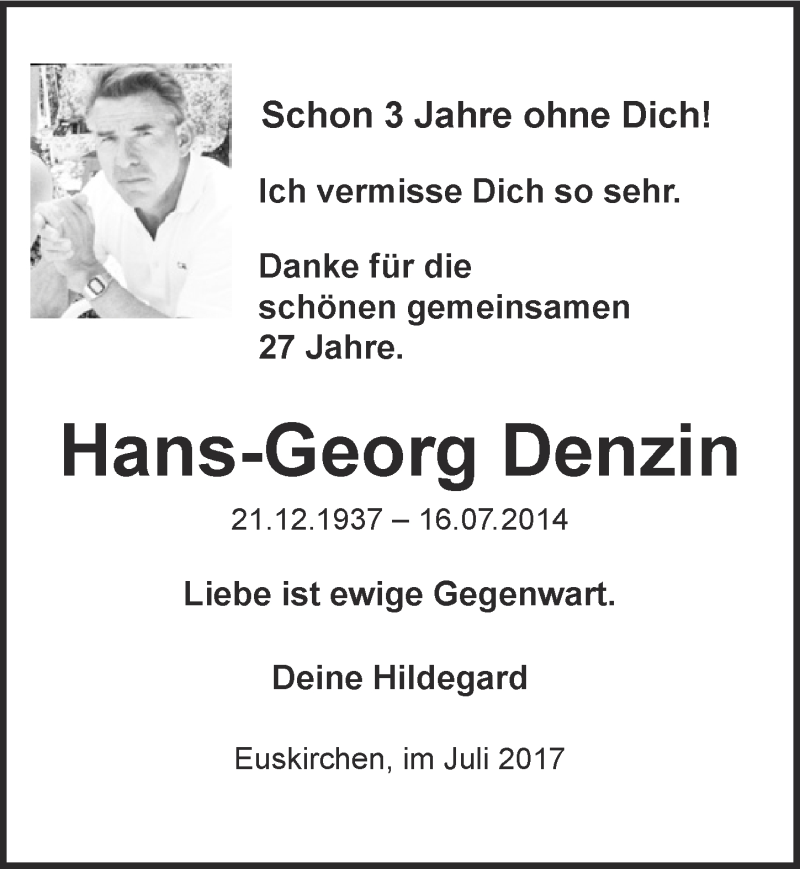  Traueranzeige für Hans-Georg Denzin vom 15.07.2017 aus  Blickpunkt Euskirchen 
