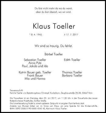 Anzeige von Klaus Toeller von Kölner Stadt-Anzeiger / Kölnische Rundschau / Express