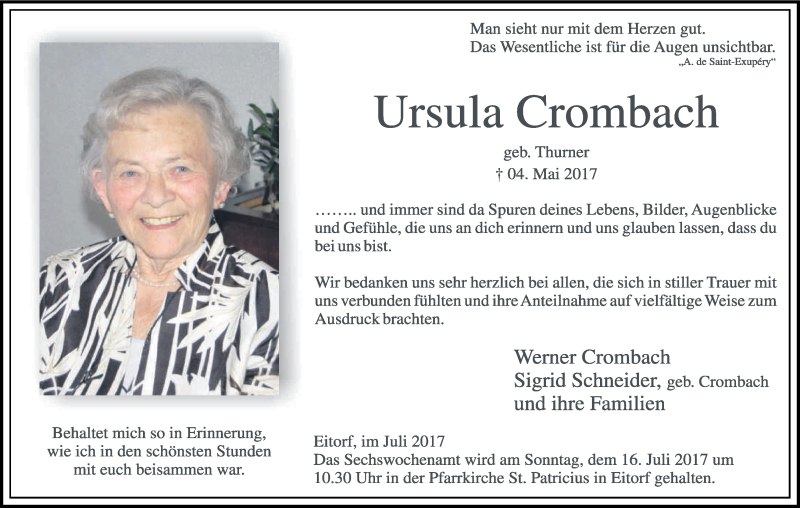  Traueranzeige für Ursula Crombach vom 08.07.2017 aus Kölner Stadt-Anzeiger / Kölnische Rundschau / Express