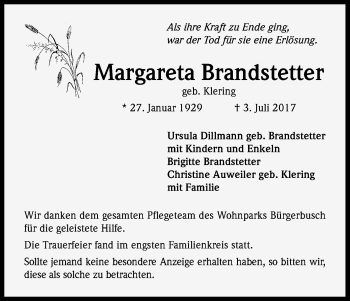 Anzeige von Margareta Brandstetter von Kölner Stadt-Anzeiger / Kölnische Rundschau / Express