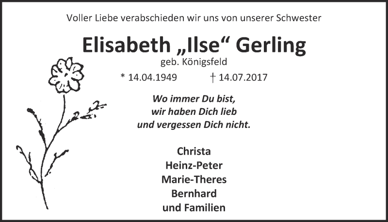  Traueranzeige für Elisabeth Gerling vom 26.07.2017 aus  Kölner Wochenspiegel 