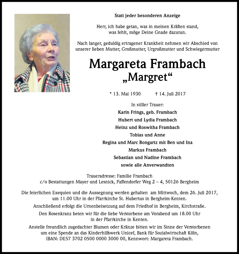  Traueranzeige für Margareta Frambach vom 22.07.2017 aus Kölner Stadt-Anzeiger / Kölnische Rundschau / Express
