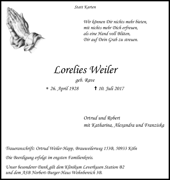 Anzeige von Lorelies Weiler von Kölner Stadt-Anzeiger / Kölnische Rundschau / Express