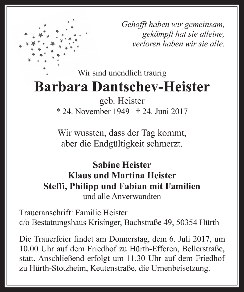  Traueranzeige für Barbara Dantschev-Heister vom 05.07.2017 aus  Wochenende 