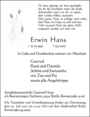 Anzeige von Erwin Hans von  Schlossbote/Werbekurier 