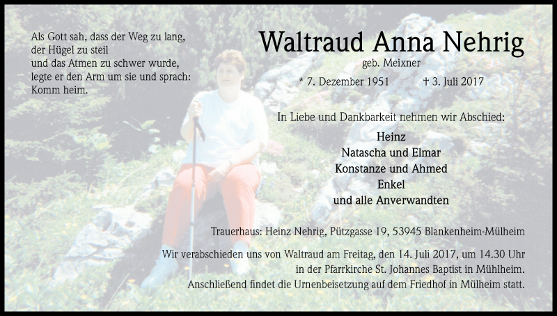  Traueranzeige für Waltraud Anna Nehrig vom 07.07.2017 aus Kölner Stadt-Anzeiger / Kölnische Rundschau / Express