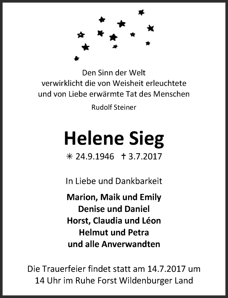 Traueranzeige für Helene Sieg vom 12.07.2017 aus  Anzeigen Echo  Lokalanzeiger 