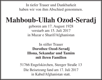 Anzeige von Mahboub-Ullah Ozod-Seradj von  Anzeigen Echo 