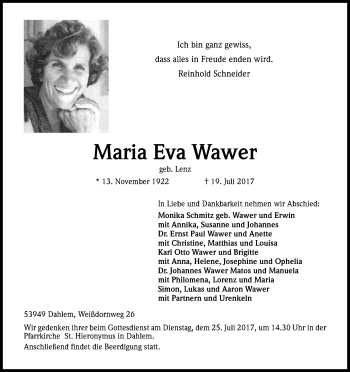 Anzeige von Maria Eva Wawer von Kölner Stadt-Anzeiger / Kölnische Rundschau / Express