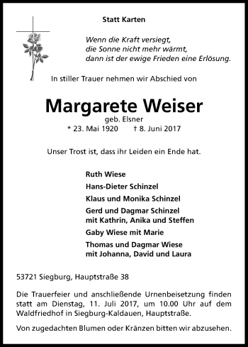 Anzeige von Margarete Weiser von Kölner Stadt-Anzeiger / Kölnische Rundschau / Express