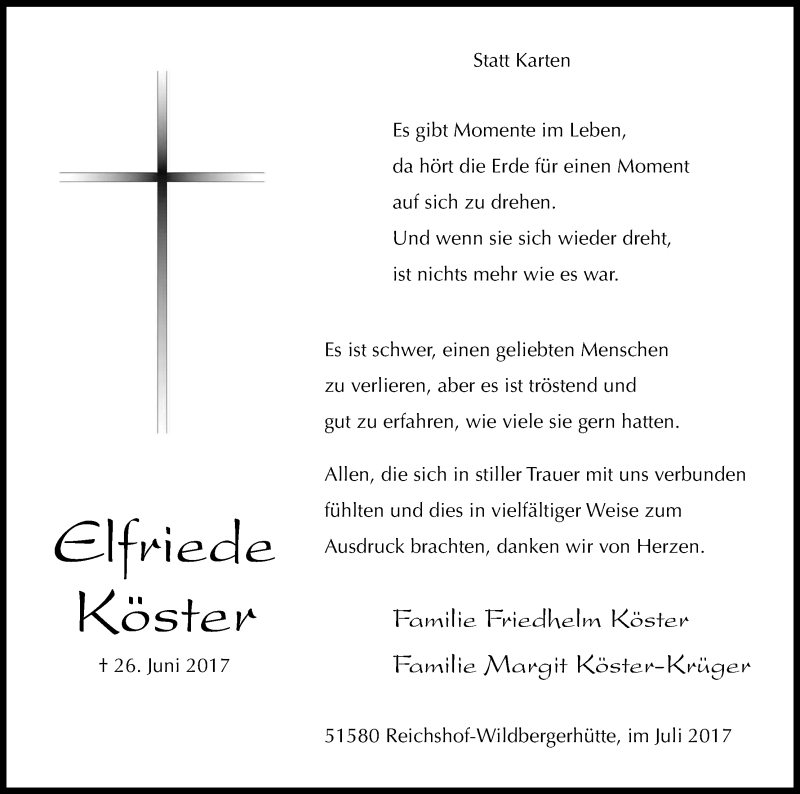  Traueranzeige für Elfriede Köster vom 22.07.2017 aus Kölner Stadt-Anzeiger / Kölnische Rundschau / Express