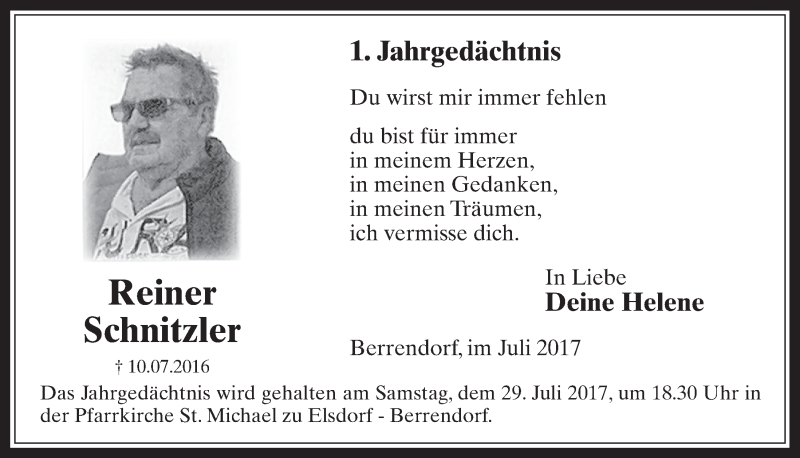  Traueranzeige für Reiner Schnitzler vom 19.07.2017 aus  Werbepost 