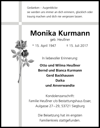 Anzeige von Monika Kurmann von Kölner Stadt-Anzeiger / Kölnische Rundschau / Express