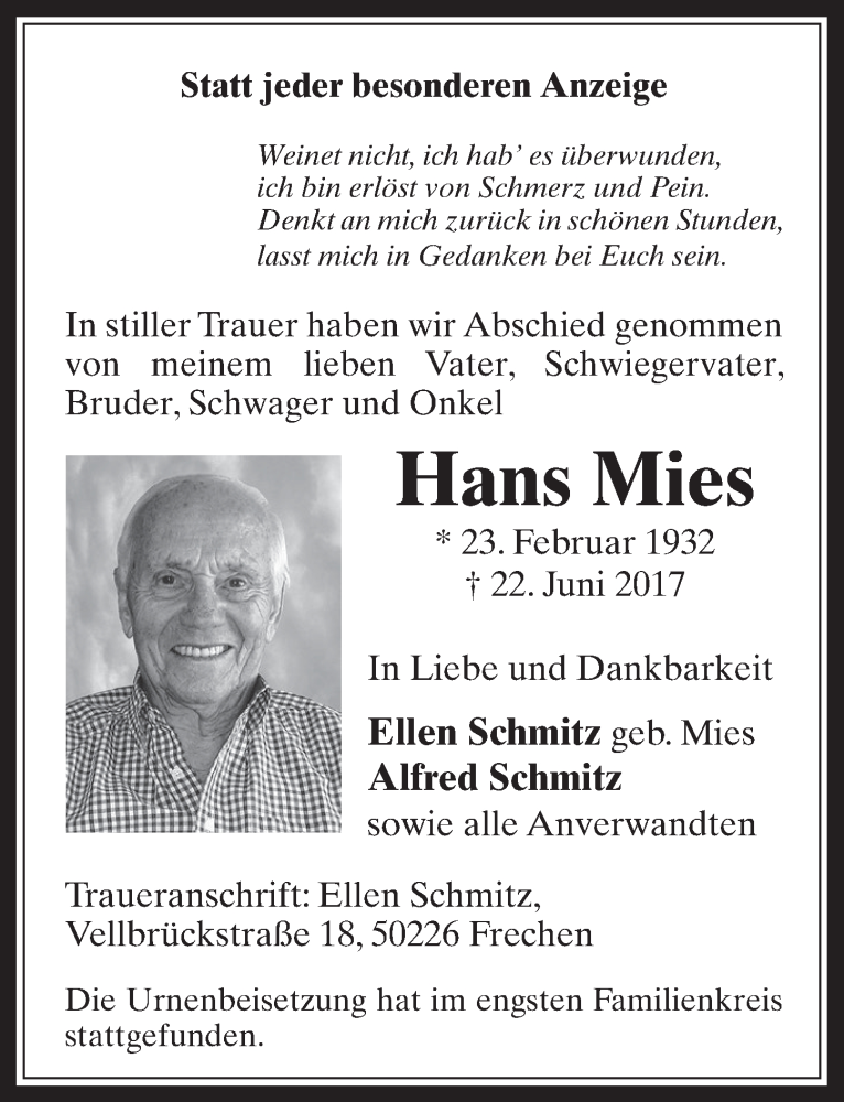  Traueranzeige für Hans Mies vom 05.07.2017 aus  Wochenende 