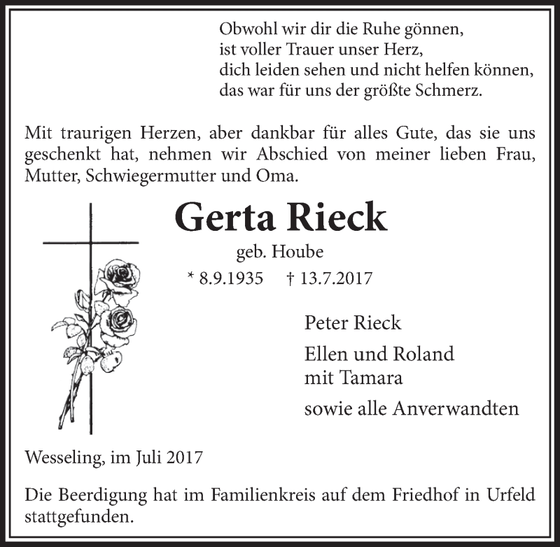  Traueranzeige für Gerta Rieck vom 26.07.2017 aus  Schlossbote/Werbekurier 