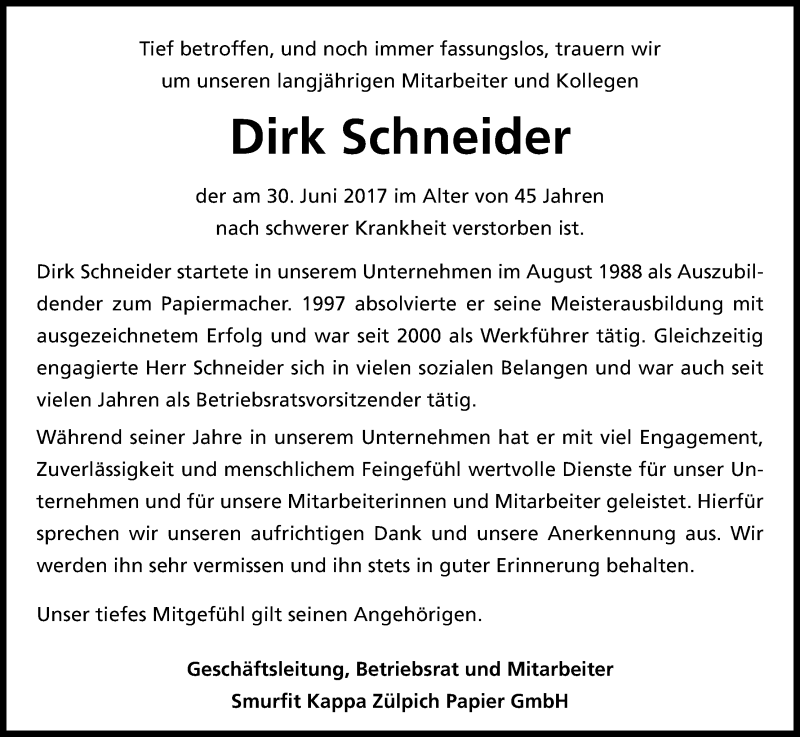  Traueranzeige für Dirk Schneider vom 07.07.2017 aus Kölner Stadt-Anzeiger / Kölnische Rundschau / Express