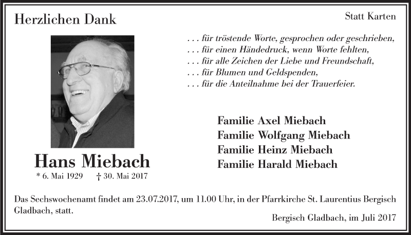  Traueranzeige für Hans Miebach vom 05.07.2017 aus  Bergisches Handelsblatt 