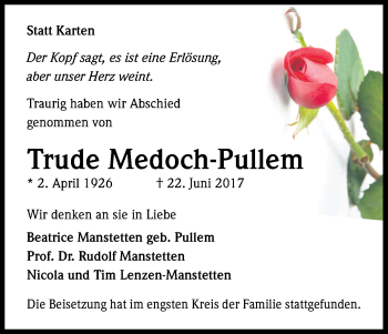 Anzeige von Trude Medoch-Pullem von Kölner Stadt-Anzeiger / Kölnische Rundschau / Express
