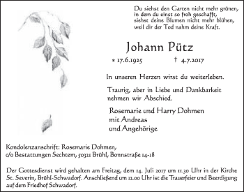 Anzeige von Johann Pütz von  Schlossbote/Werbekurier 