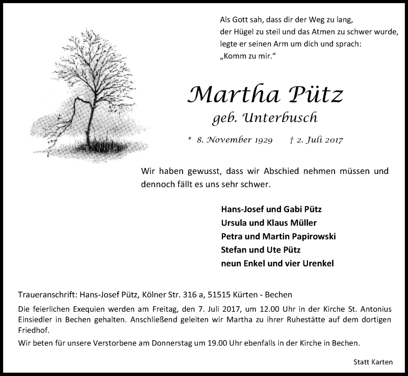 Traueranzeige für Martha Pütz vom 04.07.2017 aus Kölner Stadt-Anzeiger / Kölnische Rundschau / Express
