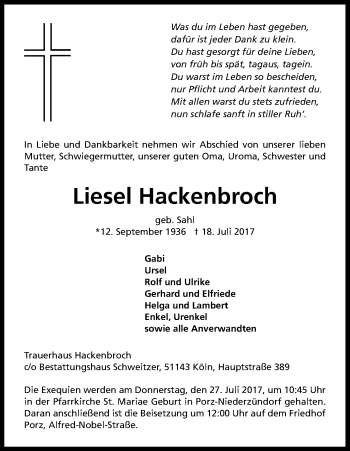 Anzeige von Liesel Hackenbroch von Kölner Stadt-Anzeiger / Kölnische Rundschau / Express