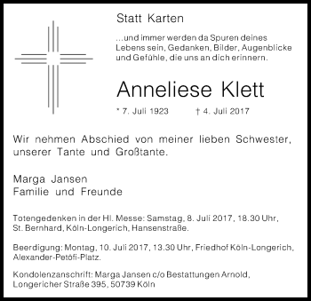 Anzeige von Anneliese Klett von Kölner Stadt-Anzeiger / Kölnische Rundschau / Express