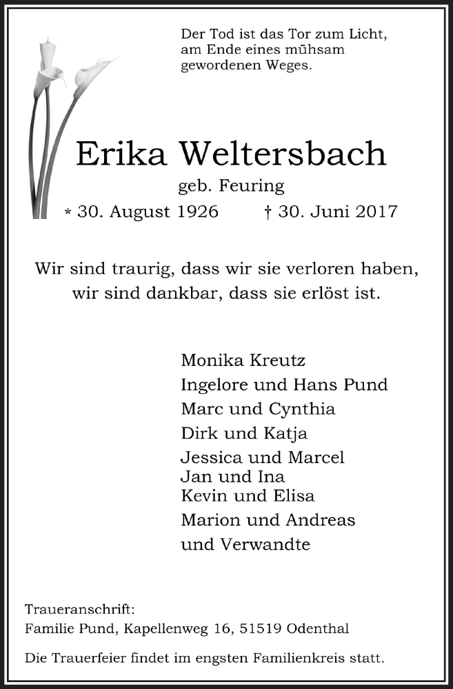  Traueranzeige für Erika Weltersbach vom 12.07.2017 aus  Bergisches Handelsblatt 