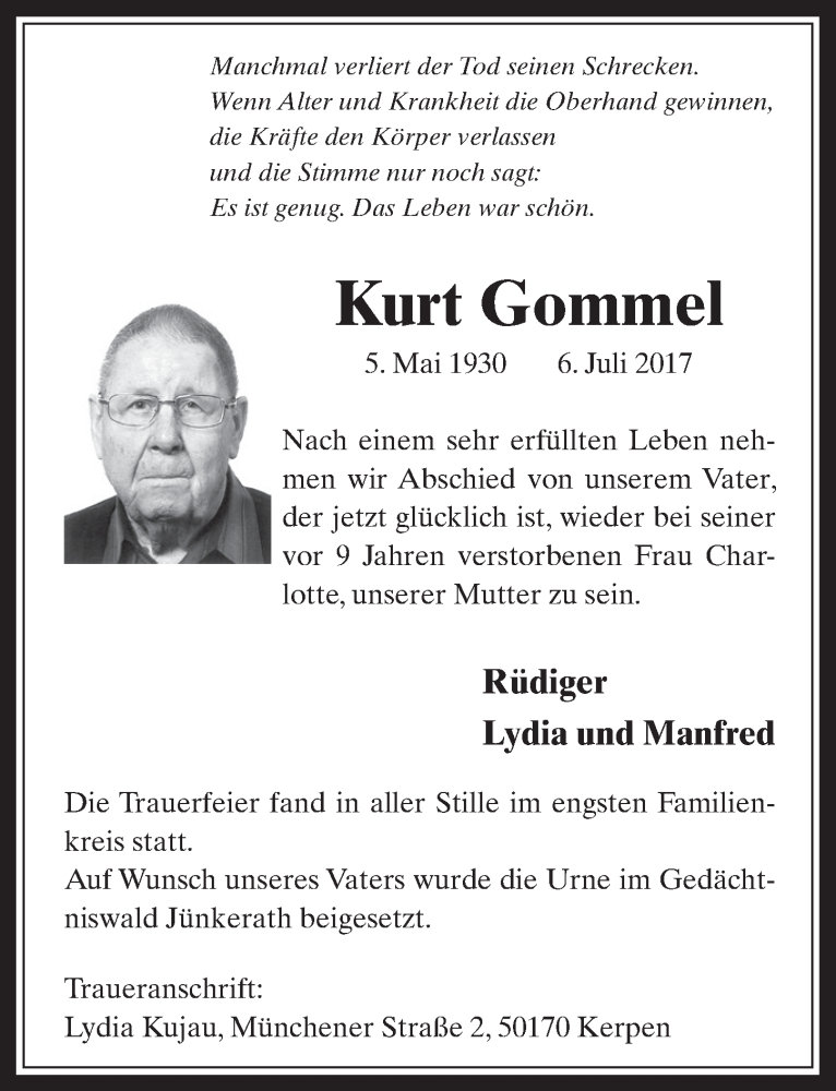  Traueranzeige für Kurt Gommel vom 26.07.2017 aus  Wochenende 