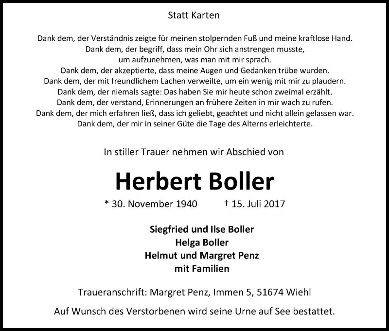  Traueranzeige für Herbert Boller vom 19.07.2017 aus Kölner Stadt-Anzeiger / Kölnische Rundschau / Express