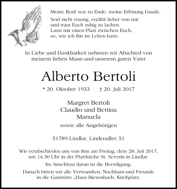 Anzeige von Alberto Bertoli von Kölner Stadt-Anzeiger / Kölnische Rundschau / Express