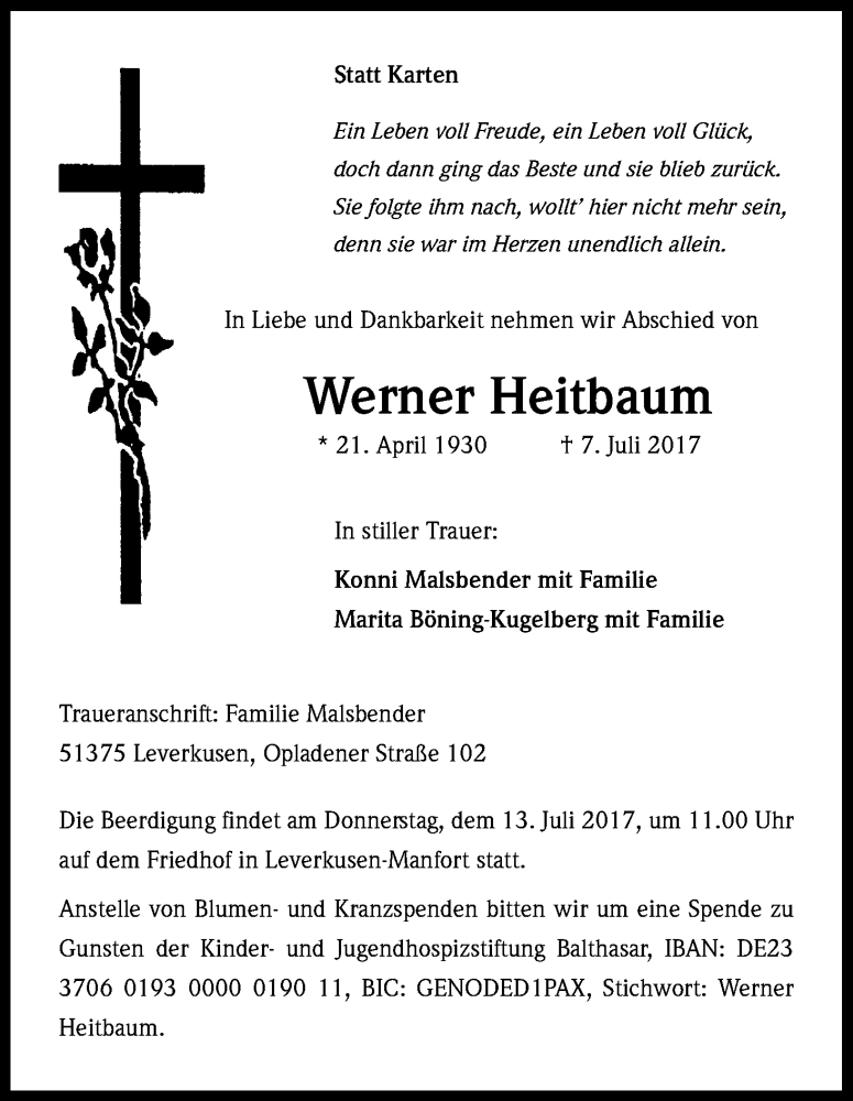  Traueranzeige für Werner Heitbaum vom 12.07.2017 aus Kölner Stadt-Anzeiger / Kölnische Rundschau / Express