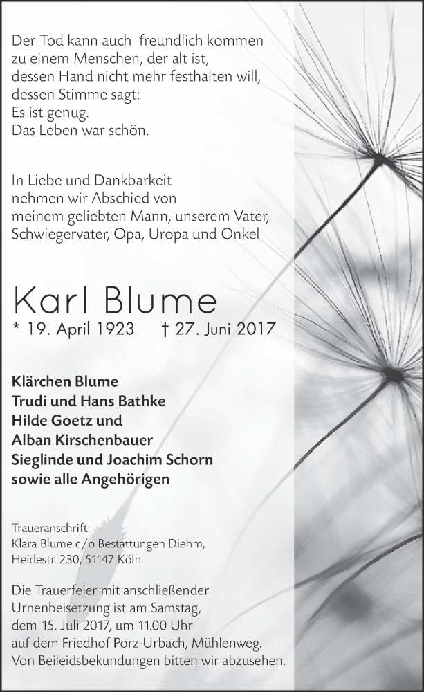  Traueranzeige für Karl Blume vom 12.07.2017 aus  Kölner Wochenspiegel 