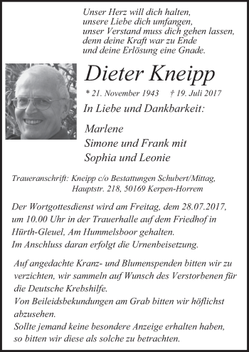 Anzeige von Dieter Kneipp von  Wochenende 