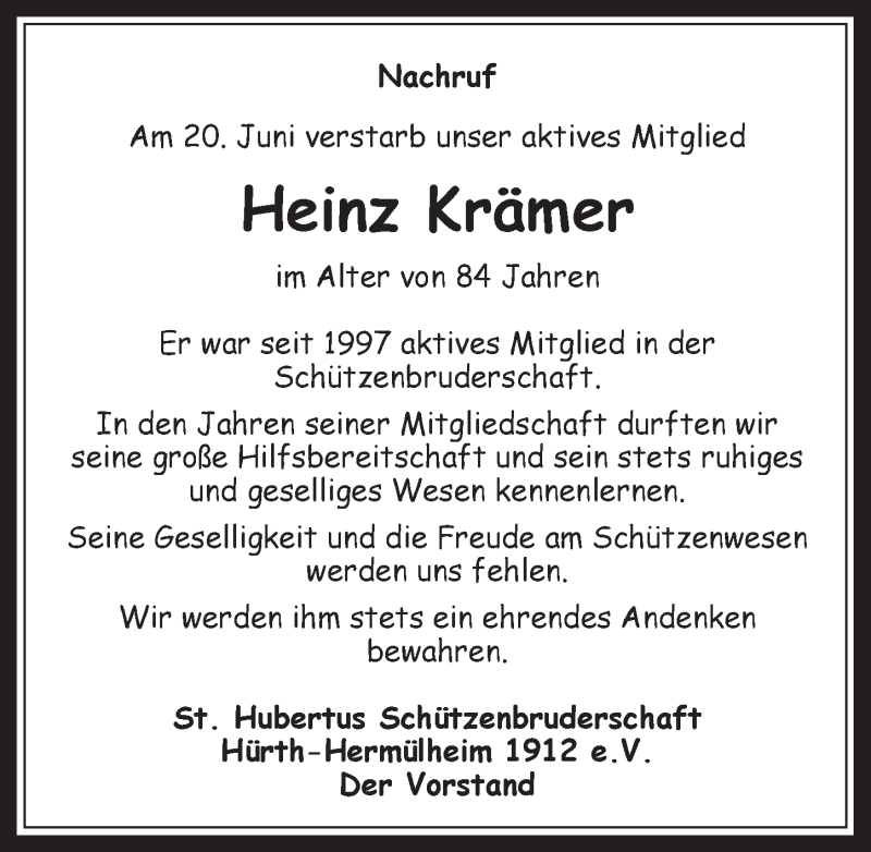  Traueranzeige für Heinz Krämer vom 05.07.2017 aus  Wochenende 