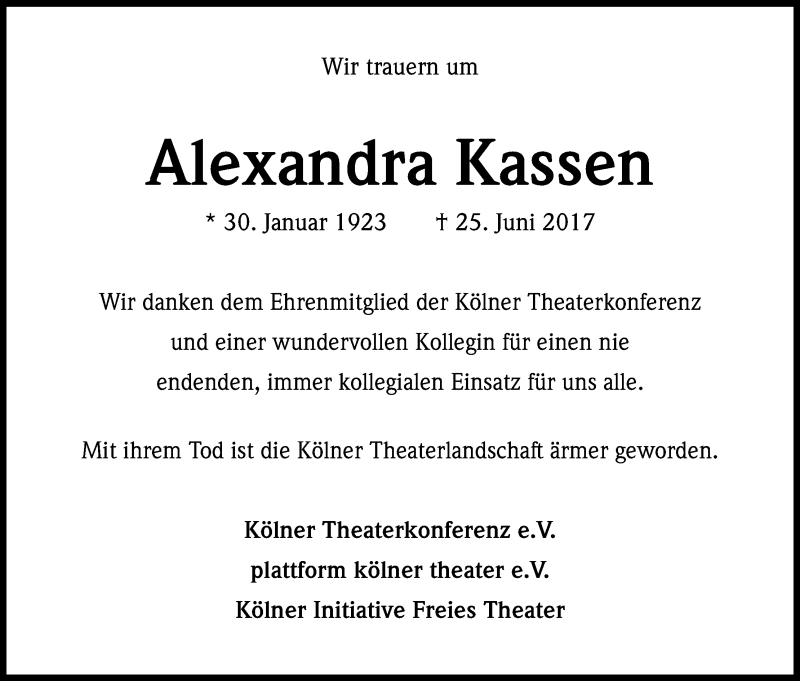  Traueranzeige für Alexandra Kassen vom 08.07.2017 aus Kölner Stadt-Anzeiger / Kölnische Rundschau / Express