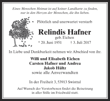 Anzeige von Relindis Hafner von  Schaufenster/Blickpunkt 