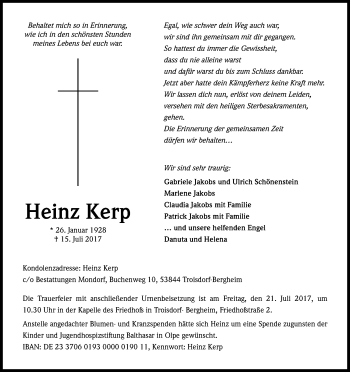 Anzeige von Heinz Kerp von Kölner Stadt-Anzeiger / Kölnische Rundschau / Express