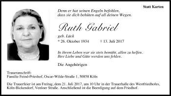 Anzeige von Ruth Gabriel von Kölner Stadt-Anzeiger / Kölnische Rundschau / Express