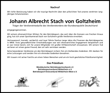 Anzeige von Johann Albrecht Stach von Goltzheim von Kölner Stadt-Anzeiger / Kölnische Rundschau / Express