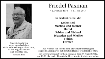 Anzeige von Friedel Pasman von Kölner Stadt-Anzeiger / Kölnische Rundschau / Express