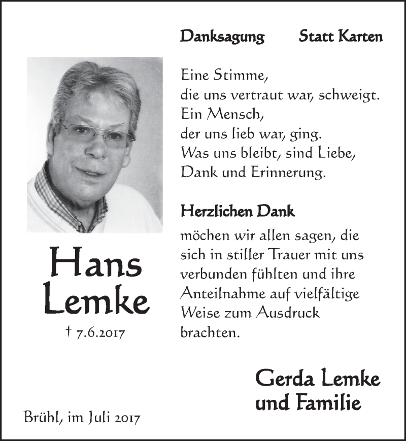  Traueranzeige für Hans Lemke vom 05.07.2017 aus  Schlossbote/Werbekurier 