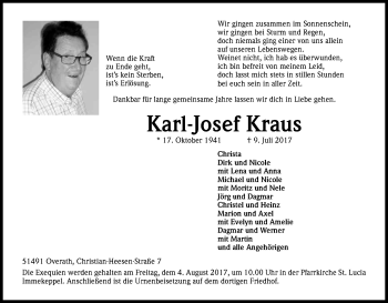 Anzeige von Karl Josef Kraus von Kölner Stadt-Anzeiger / Kölnische Rundschau / Express