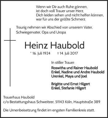 Anzeige von Heinz Haubold von  Kölner Wochenspiegel 