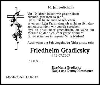 Anzeige von Friedhelm Gradicsky von Kölner Stadt-Anzeiger / Kölnische Rundschau / Express